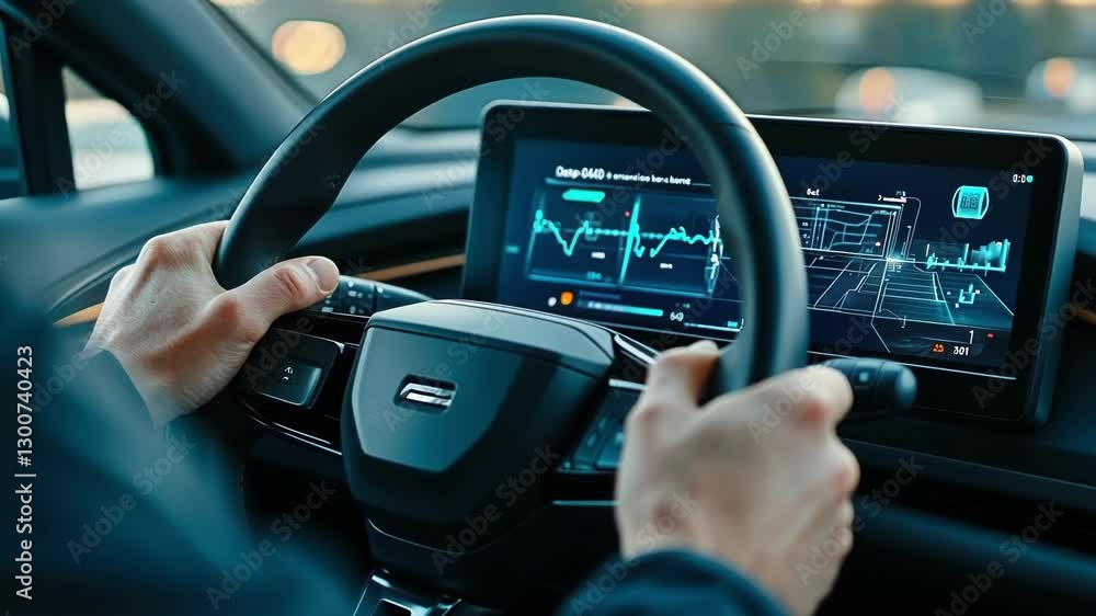 Aufkleber hands on a steering wheel with a futuristic dashboard showcasing real time data and graphs, highligh