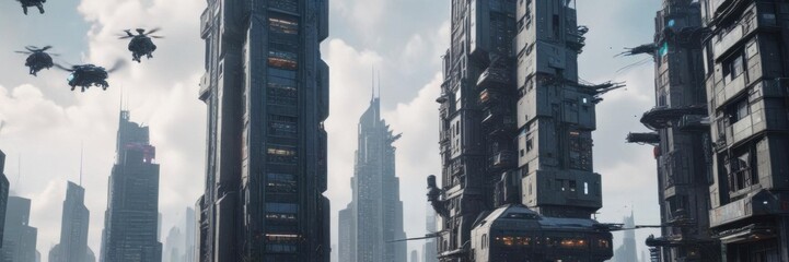 High-rise building in a futuristic city with robots and drones flying around it,  drone,  modern building,  city of the future