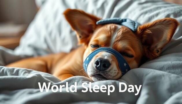 A relaxed corgi sleeps with a sleep mask, celebrating World Sleep Day, highlighting the importance of rest for pets and humans, ideal for pet care promotions and sleep awareness.
