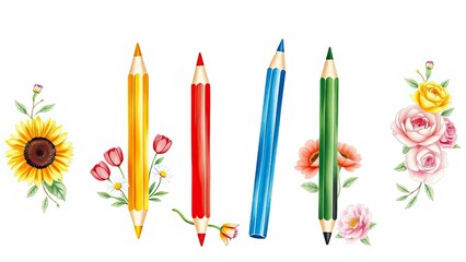 Colorful Pencils with Flowers Back to School Art Supplies Education