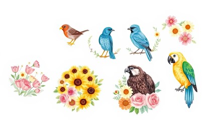 Colorful Birds Flowers Sunflowers Spring Summer Nature Illustration