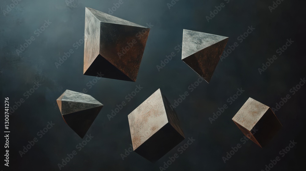 Poster geometric assemblage featuring floating bronze and stone polyhedral elements
