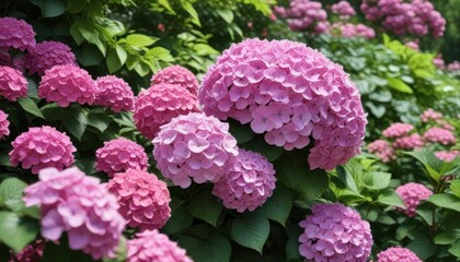 Hydrangea bloom in garden with vibrant pink flowers surrounded by lush greenery and colorful blooms ,  garden,  floral