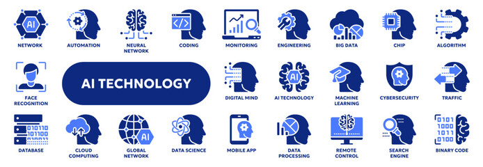Set of vector solid icons related to artificial intelligence, machine learning, data science. Symbols for website or app ui, logo design, illustration