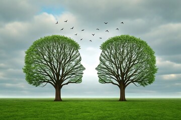 symbolic 3d illustration of two trees as human heads with birds and cloudy sky background for thought-provoking visuals