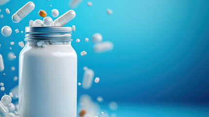 bottle of calcium supplements with floating pills and bone on blue background. image conveys sense of health and wellness, emphasizing importance of calcium for bone strength