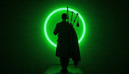 St. Patrick’s Day celebration with a man playing bagpipes under a green glow, copy space