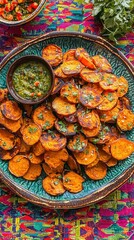 Fototapeta premium Crispy sweet potato rounds with green sauce served on a vibrant woven tablecloth during a festive gathering