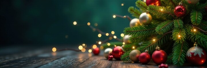 Evergreen Christmas tree with scattered ornaments and sparkling fairy lights, Christmas tree, evergreen tree