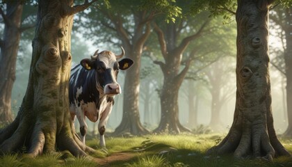 Illustration of a spotted cow peeking out from behind a tree in a whimsical forest setting ,  cartoon, spotted cow,  forest animal