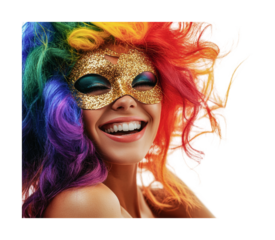Colorful celebration with a joyful woman wearing a sparkling mask and vibrant hair during a festive event, cut out