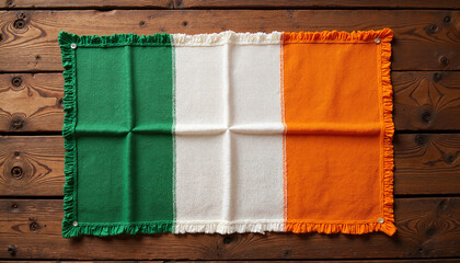 St. Patrick’s Day Irish Flag textile placed on rustic wooden table with decorative edges and copy space