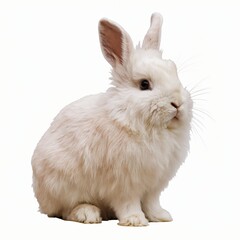Fototapeta premium White Rabbit with Fluffy Fur Sitting Upright on White Background.