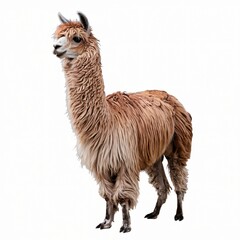Fototapeta premium Llama with Shaggy Light Brown and White Fur Standing on White Background.