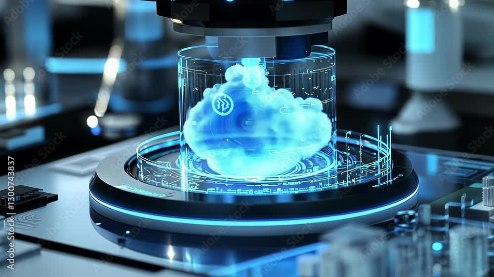 Poster cutting edge holographic display showcasing intricate scientific data in a futuristic laboratory set