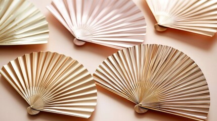 Elegant Golden and Pink Paper Fans Displayed on Beige Surface in Studio