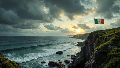Obraz premium St. Patrick’s Day Scenic View of Irish Flag on Cliffs at Sunset Over the Ocean Waves