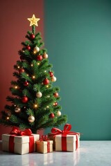 Simple Christmas tree next to wrapped present , simple christmas, celebration, wrapped gift