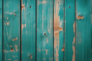 Fototapeta premium Vibrant teal wooden planks showcasing weathered texture and character in a rustic setting