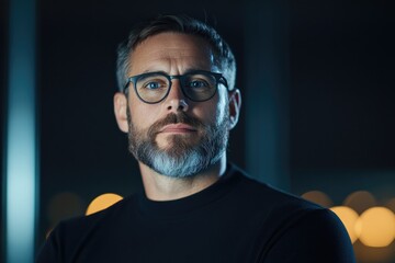 Obraz premium Confident man poses in low light, showcasing stylish glasses and