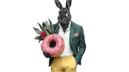 Colorful Watercolor Illustration of a Rabbit Character in Green Jacket and Yellow Pants, Holding a Giant Pink Doughnut on a Neutral White Background