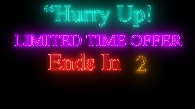 Vibrant neon text animation displaying a discount countdown message. ideal for seles promotions, balck feiday , and holiday affers.4k video