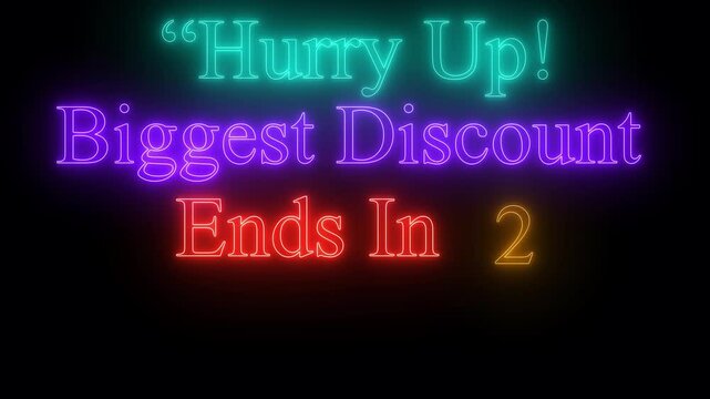 Vibrant neon text animation displaying a discount countdown message. ideal for seles promotions, balck feiday , and holiday affers.4k video