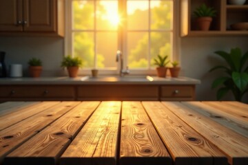 Light golden glow on a wooden table top with blurred surroundings, light, dark