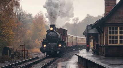 Classic steam locomotive running on railway tracks surrounded by trees and fog