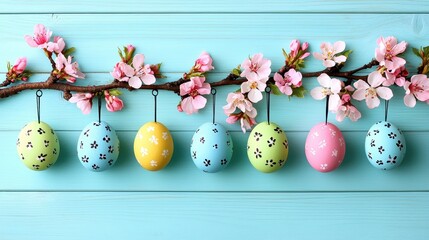 Obraz premium Easter Eggs Hanging From a Branch with Pink Flowers on a Blue Wood Background