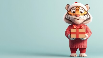 Fototapeta premium Tiger character with a festive sweater holds a gift while celebrating the holiday season