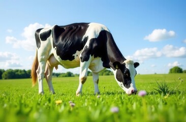 Holstein cow grazing in lush green field under blue sky