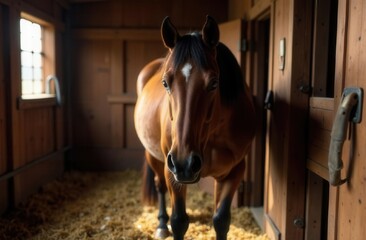 Brown horse in sunlit stable with wooden walls