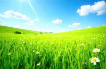 Sunny day in lush green field with clear blue sky and white clouds