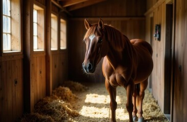 Chestnut horse standing in sunlit wooden stable interior