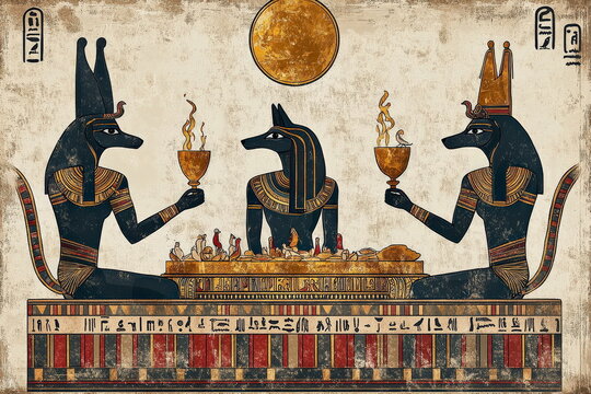 A divine feast in an ancient Egyptian temple, Ra, Osiris, and Bastet seated at a banquet, consuming golden ambrosia, richly detailed zentangle art style