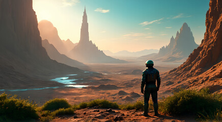 A lone figure in a futuristic landscape gazes at towering mountains under a vibrant sky, embodying exploration and adventure.