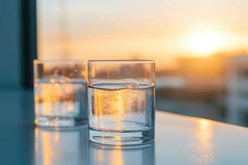 Glasses filled with water reflect warm sunlight during serene su