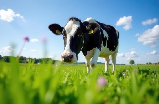 Curious holstein cow grazing in a lush green field on a sunny day