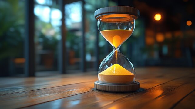 Sand timer quietly measures passing time in a cozy, well-lit cafe during evening hours with warm, inviting ambiance