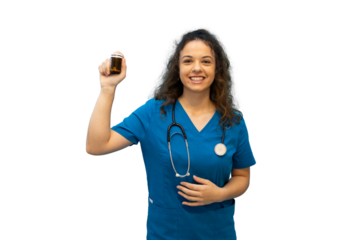 Smiling doctor showing medicine bottle on transparent background