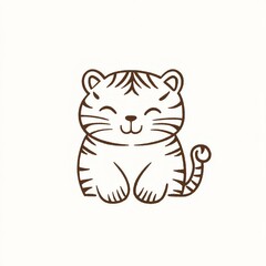 Obraz premium Adorable hand-drawn tiger cub, sitting, smiling sweetly. Simple brown lines on white background. Perfect for kids!