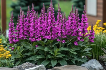 Naklejka premium Vibrant purple flowers bloom in a beautifully arranged garden surrounded by lush greenery and colorful blossoms in early spring