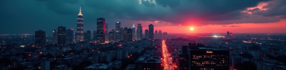 Fototapeta premium Moody cityscape at dusk with bold typography and grunge textures, cityscapes, edgy