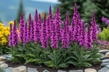 Naklejka premium Vibrant purple flowers bloom in a well-kept garden during the sunny afternoon with lush greenery in the background