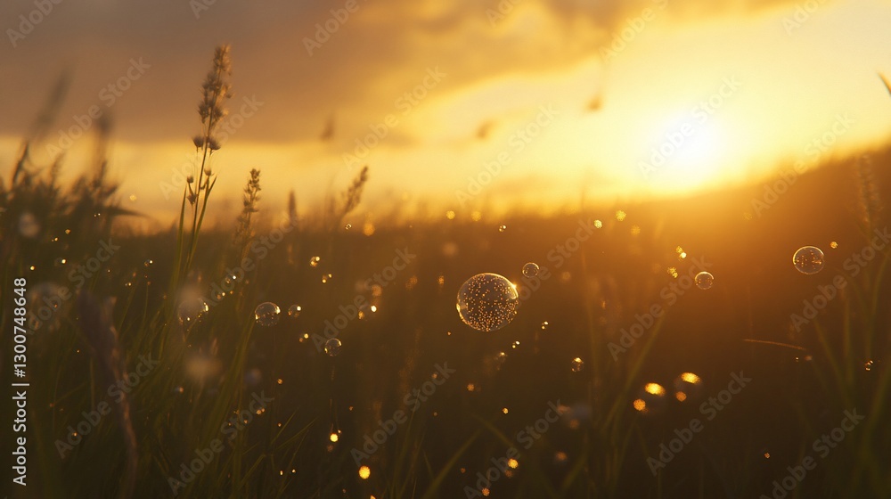 Poster golden sunset over a field of grass with floating bubbles.