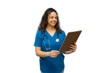 Smiling female doctor reading medical chart on transparent background