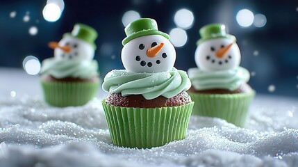 Festive cupcakes with snowman decorations on a winter background.