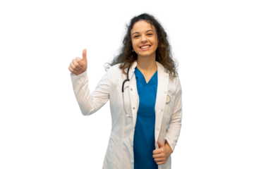 Smiling doctor showing thumbs up with transparent background