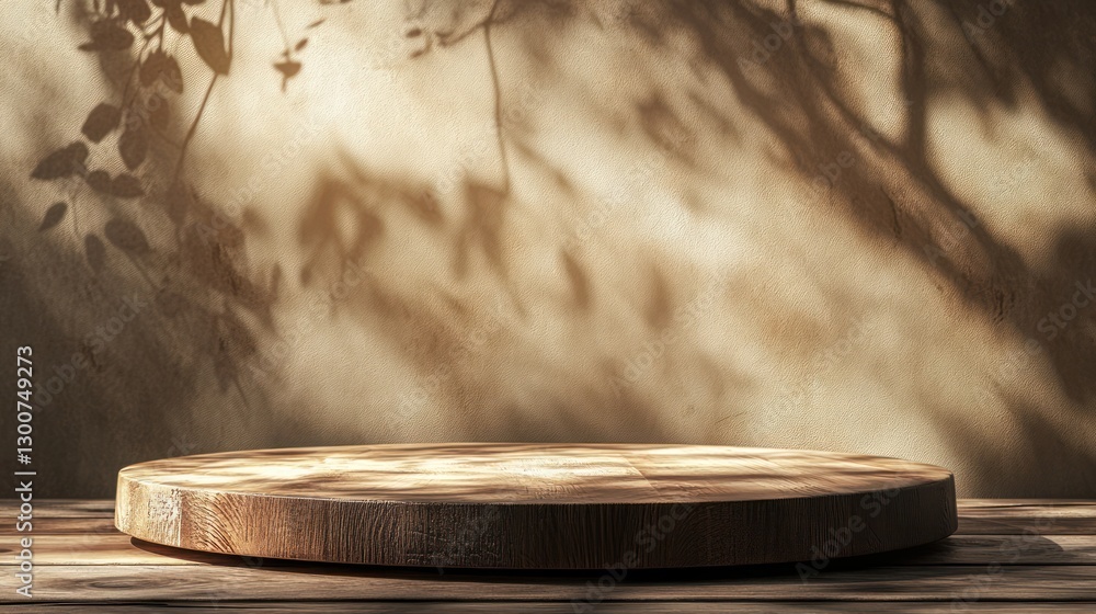 Aufkleber wooden round display platform on rustic table with leaf shadows.